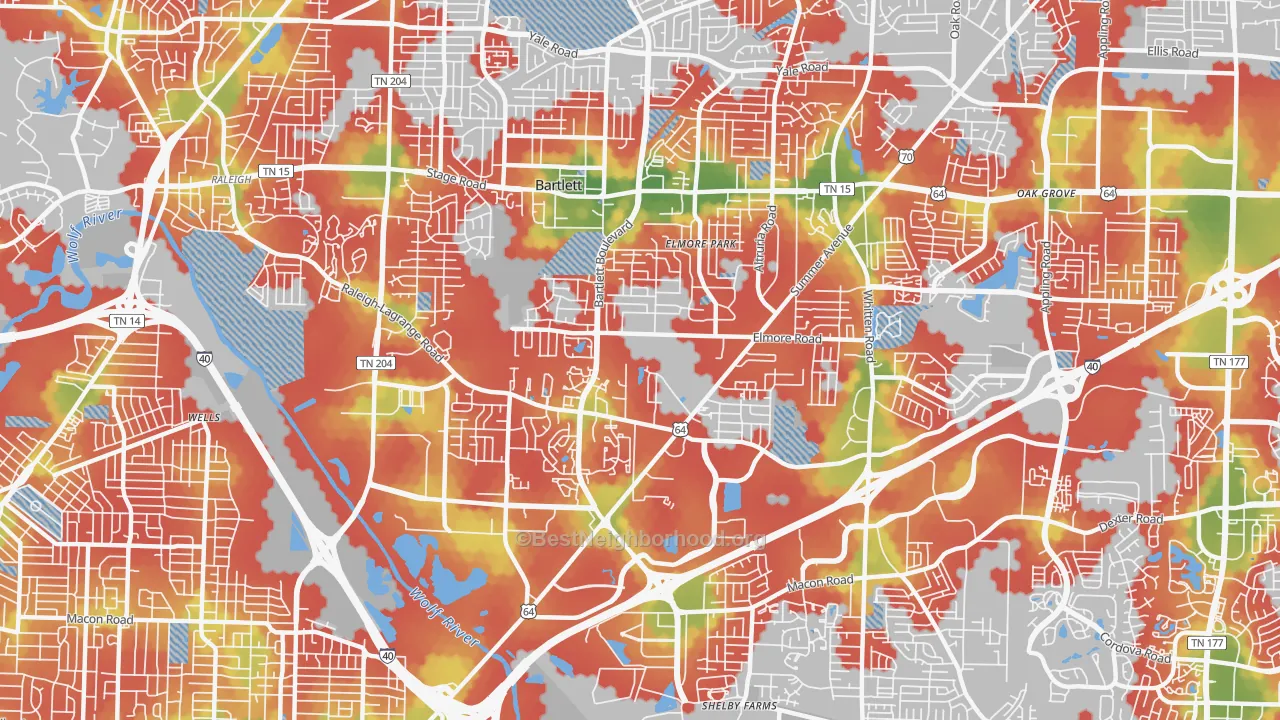 Walk Grade map of 38134, TN, walkable areas in green and car-dependent areas in red