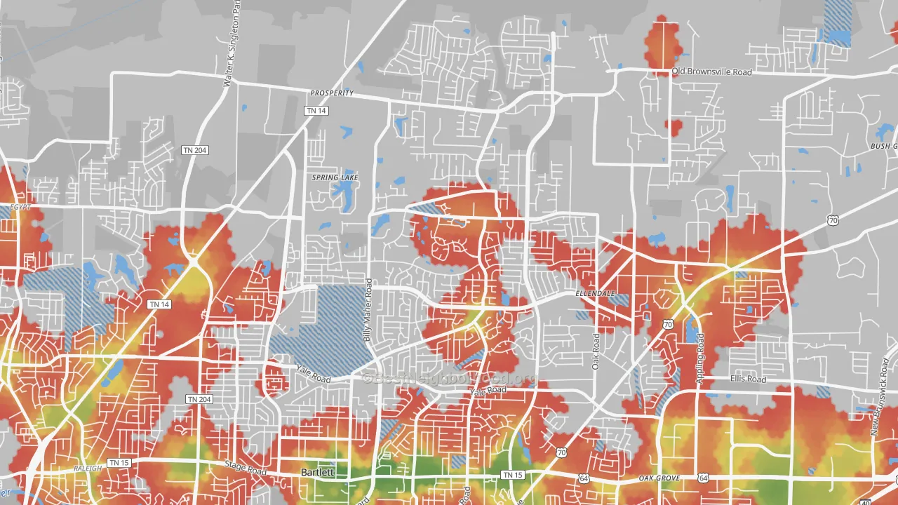 Walk Grade map of 38135, TN, walkable areas in green and car-dependent areas in red
