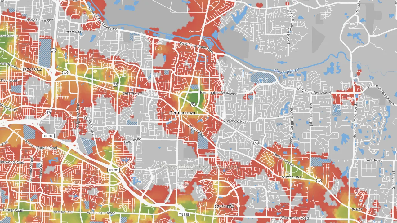 Walk Grade map of 38138, TN, walkable areas in green and car-dependent areas in red