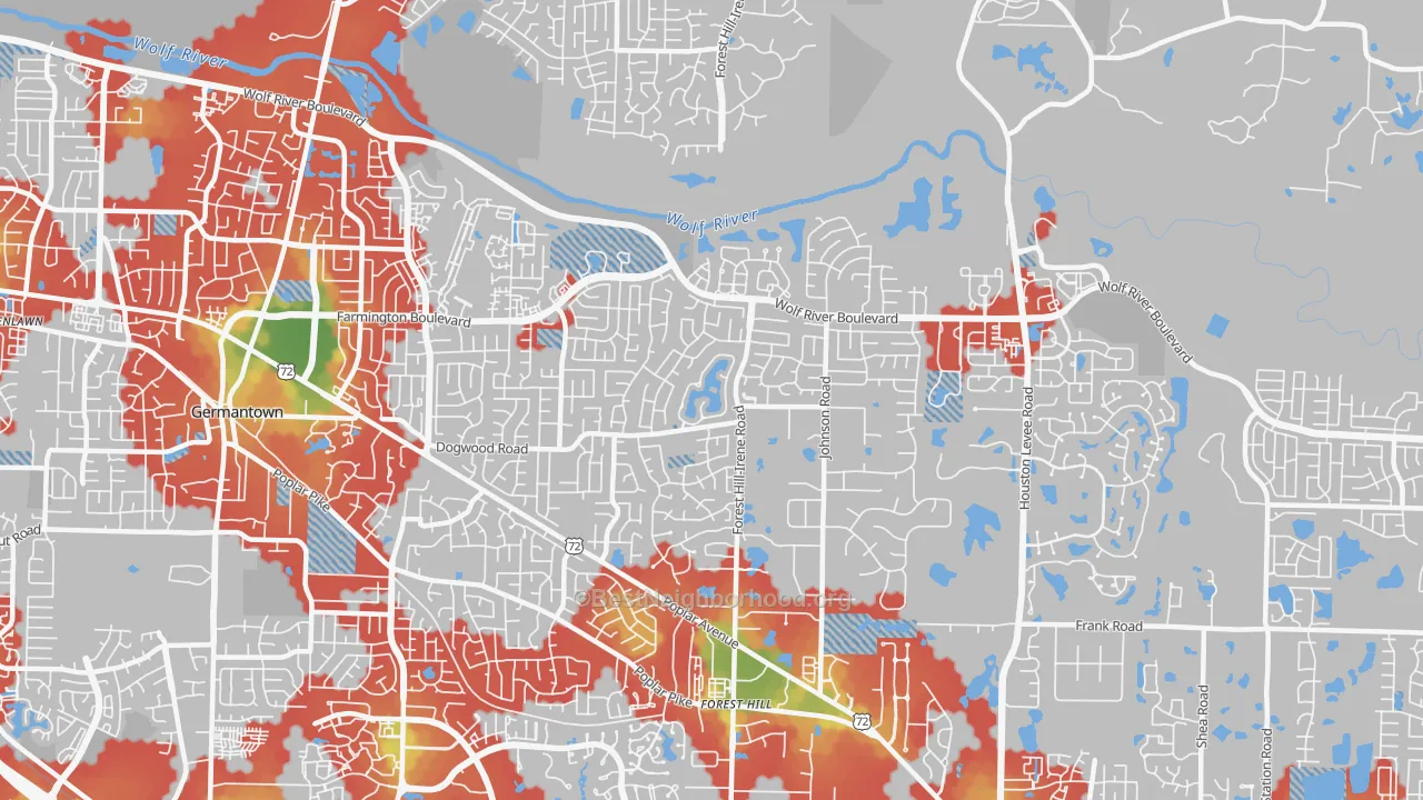 Walk Grade map of 38139, TN, walkable areas in green and car-dependent areas in red