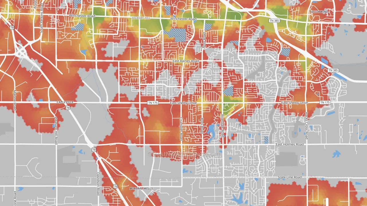 Walk Grade map of 38141, TN, walkable areas in green and car-dependent areas in red