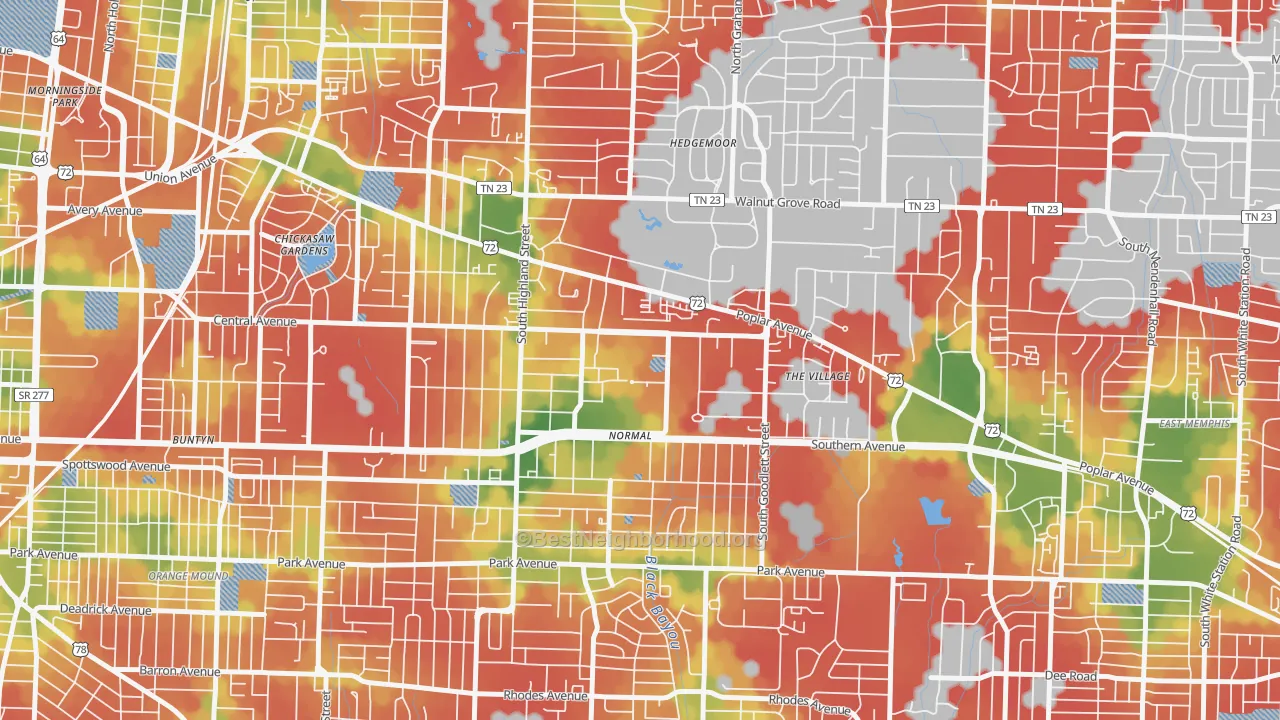 Walk Grade map of 38152, TN, walkable areas in green and car-dependent areas in red