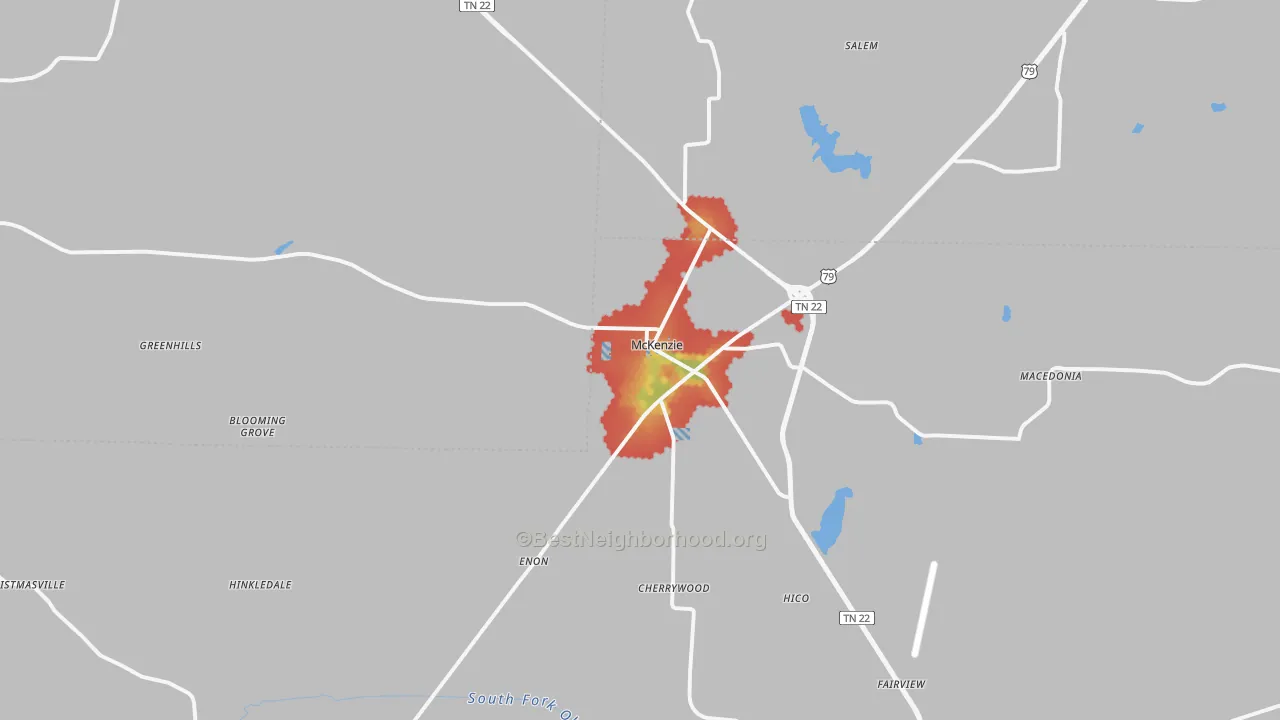 Walk Grade map of 38201, TN, walkable areas in green and car-dependent areas in red