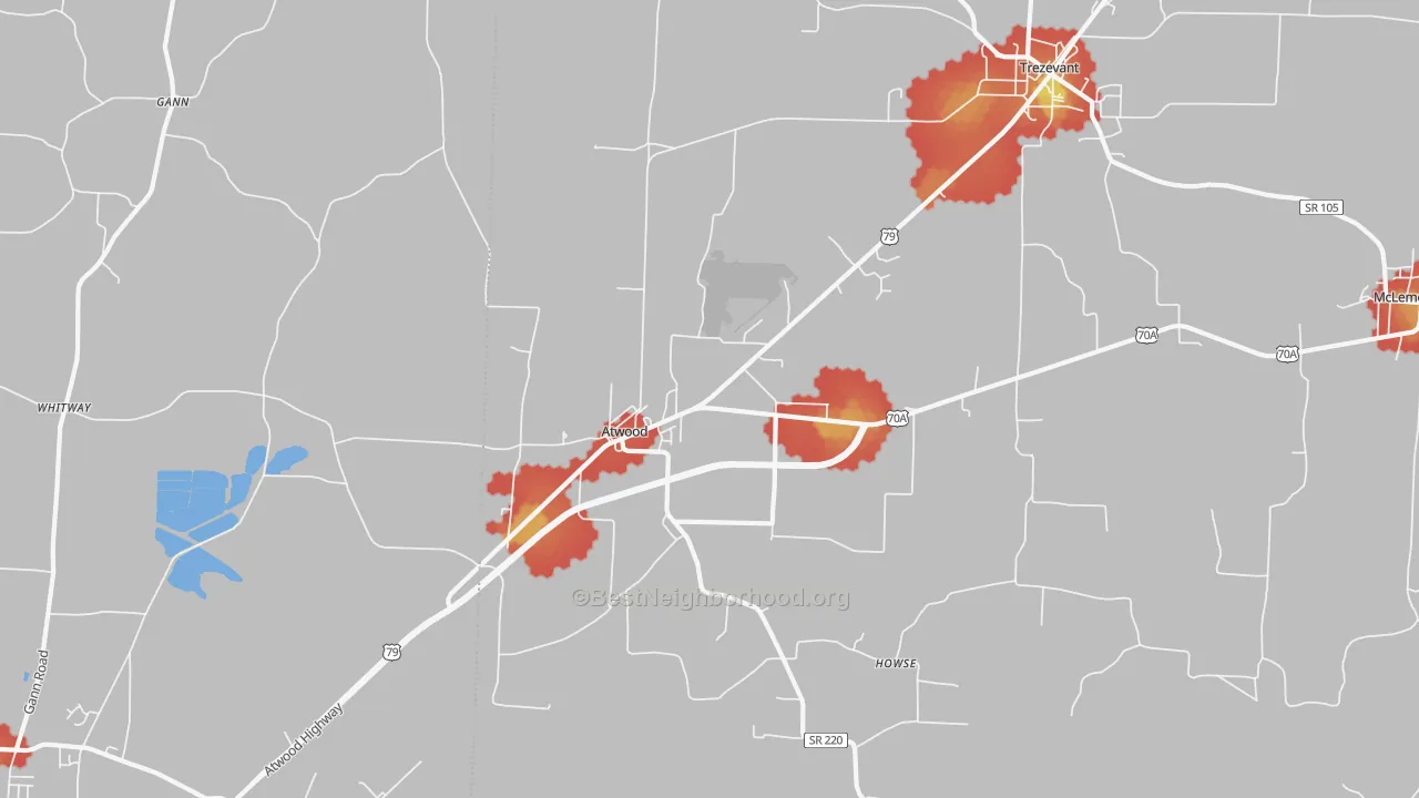 Walk Grade map of 38220, TN, walkable areas in green and car-dependent areas in red