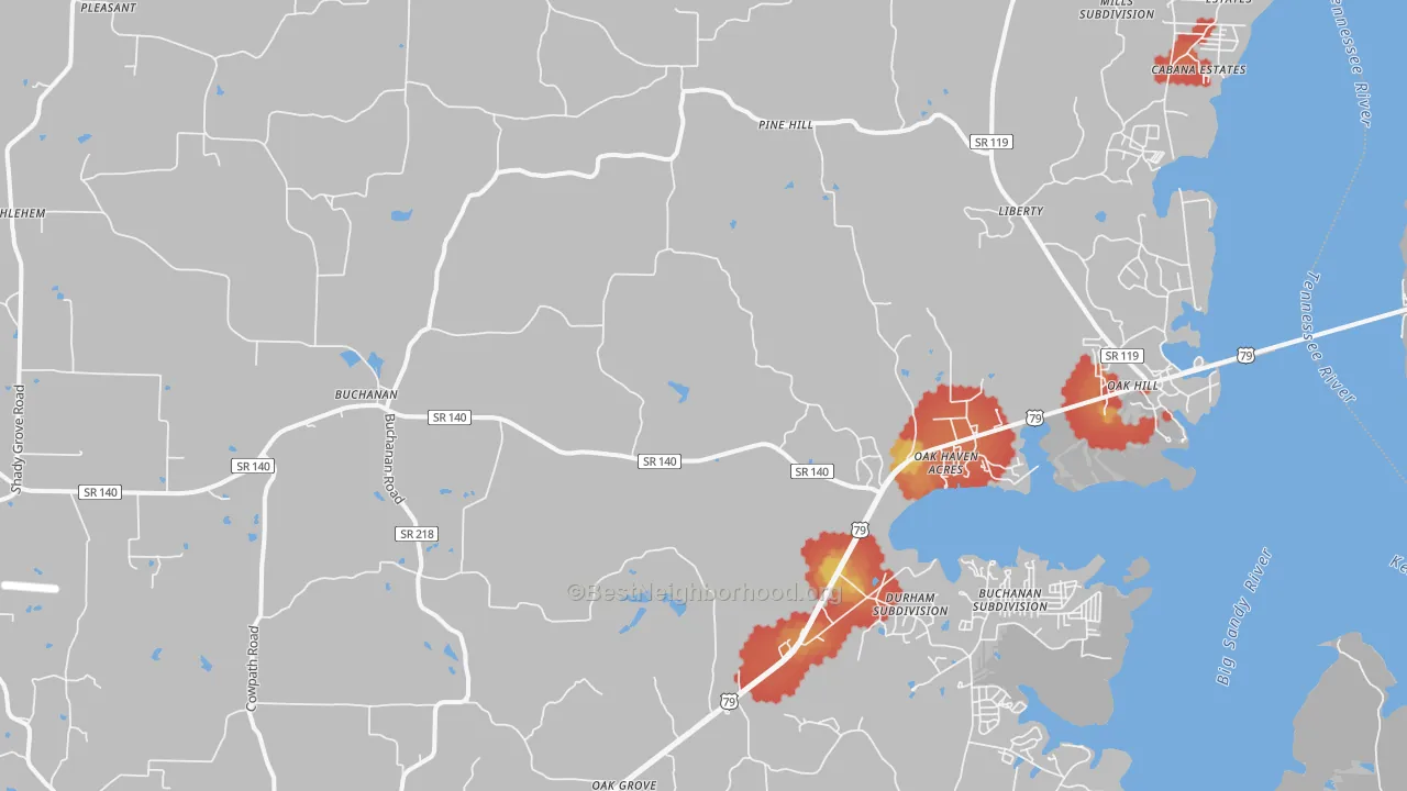 Walk Grade map of 38222, TN, walkable areas in green and car-dependent areas in red
