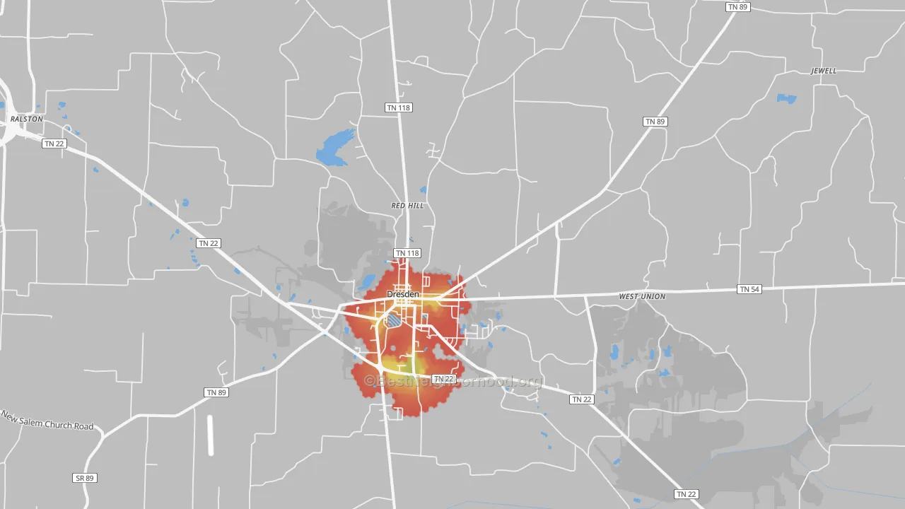 Walk Grade map of 38225, TN, walkable areas in green and car-dependent areas in red