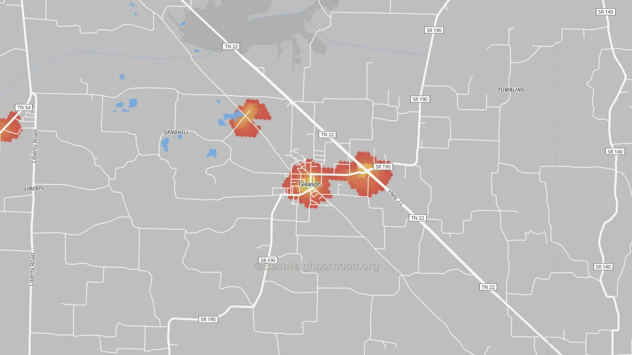 Walk Grade map of 38229, TN, walkable areas in green and car-dependent areas in red