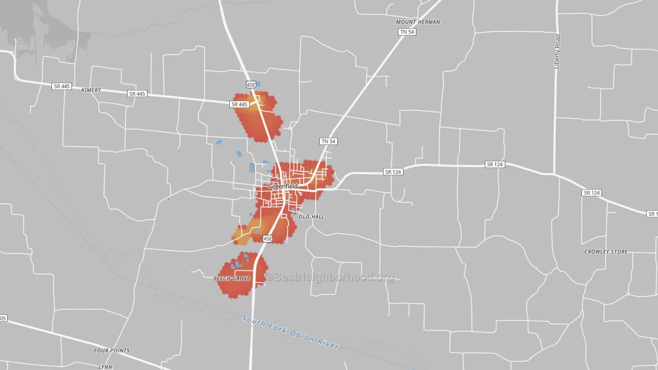 Walk Grade map of 38230, TN, walkable areas in green and car-dependent areas in red