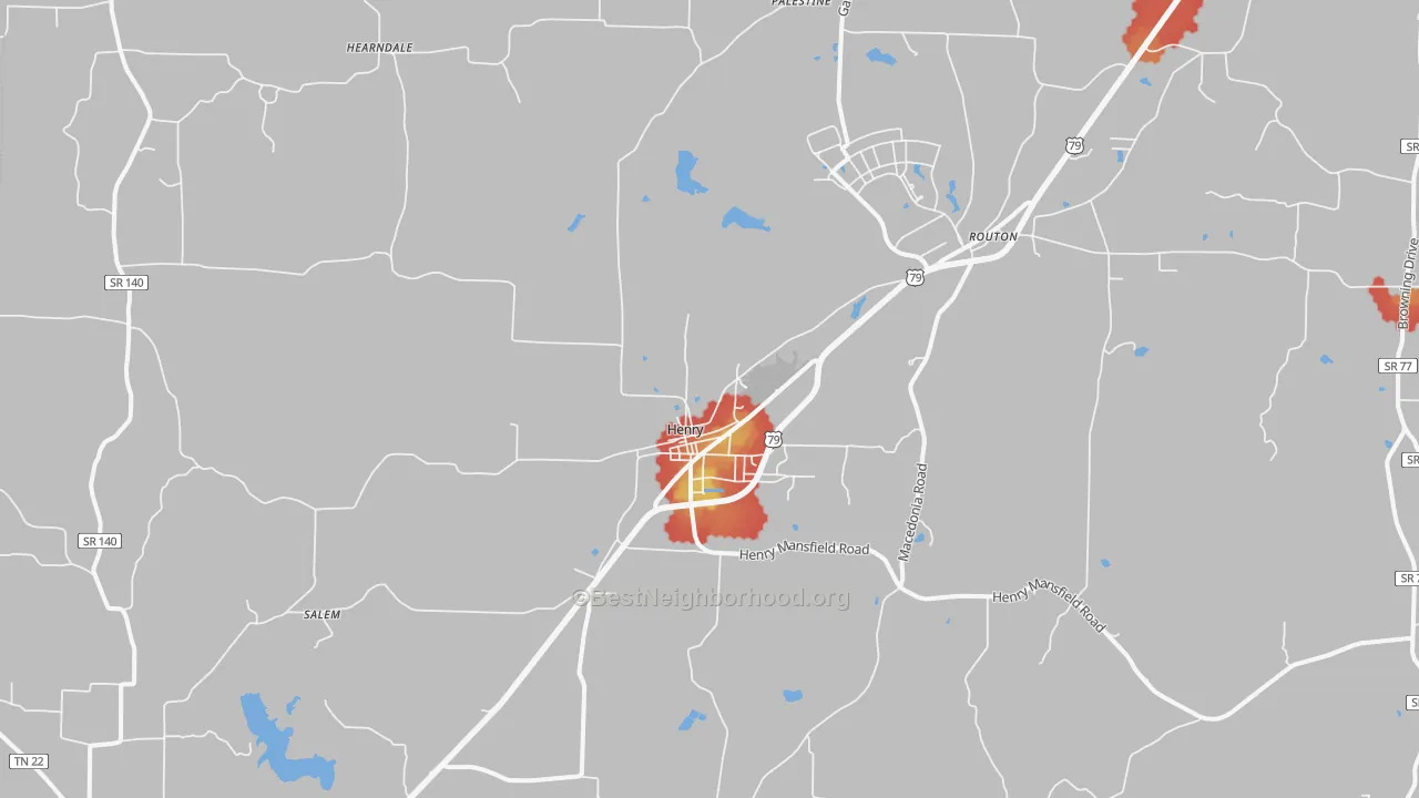 Walk Grade map of 38231, TN, walkable areas in green and car-dependent areas in red
