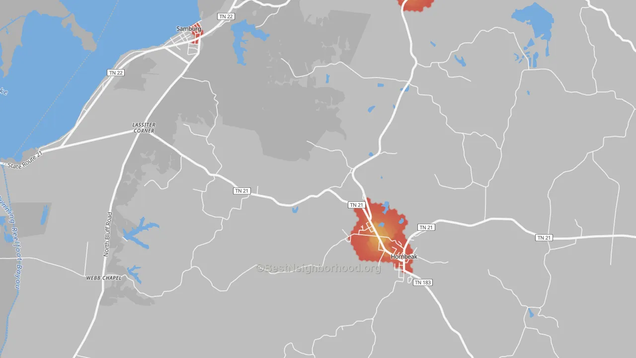 Walk Grade map of 38232, TN, walkable areas in green and car-dependent areas in red