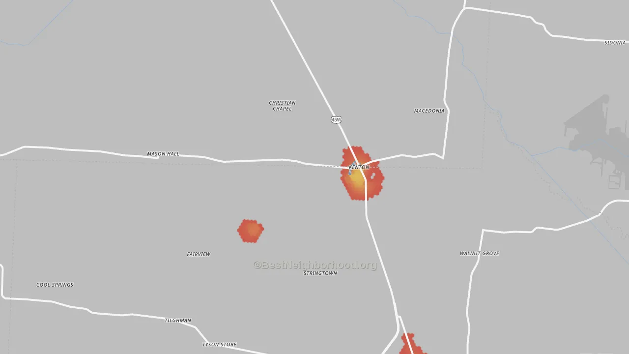 Walk Grade map of 38233, TN, walkable areas in green and car-dependent areas in red