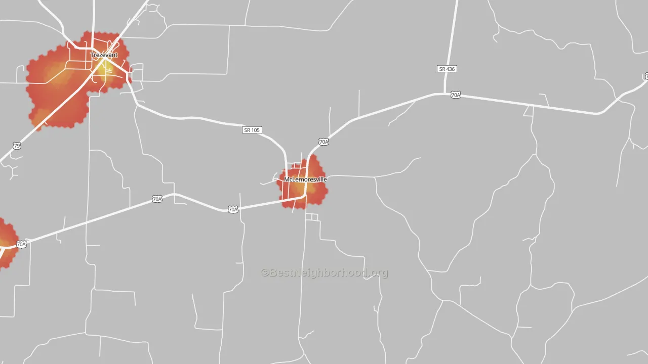 Walk Grade map of 38235, TN, walkable areas in green and car-dependent areas in red