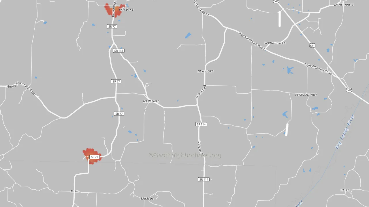 Walk Grade map of 38236, TN, walkable areas in green and car-dependent areas in red
