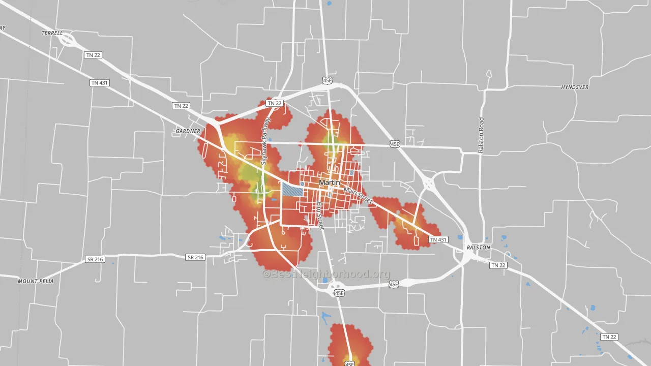 Walk Grade map of 38237, TN, walkable areas in green and car-dependent areas in red