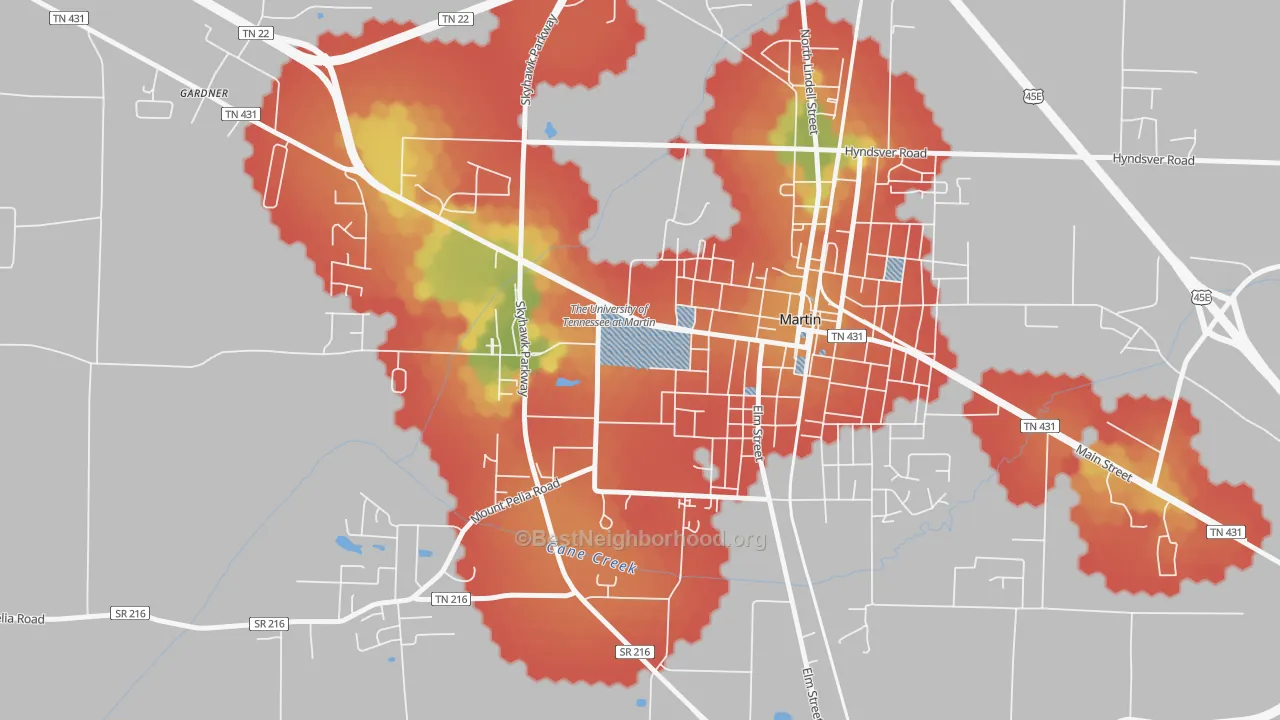 Walk Grade map of 38238, TN, walkable areas in green and car-dependent areas in red