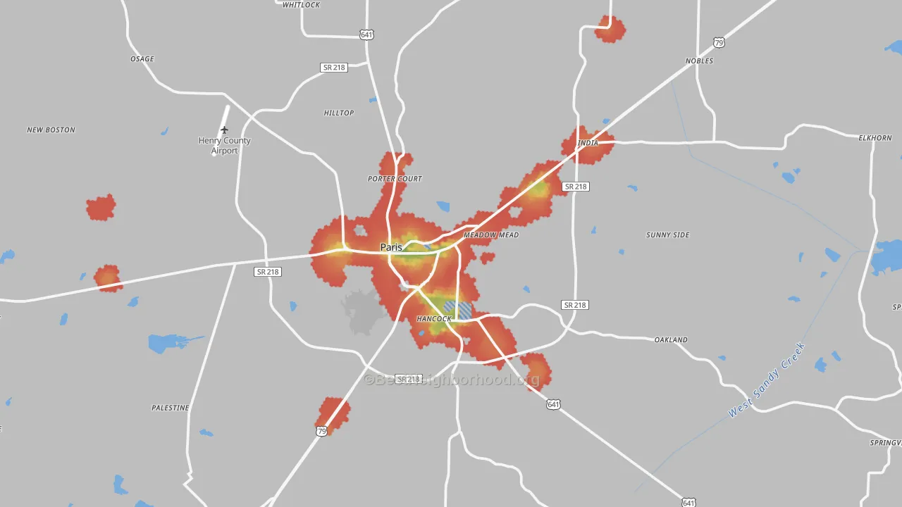 Walk Grade map of 38242, TN, walkable areas in green and car-dependent areas in red