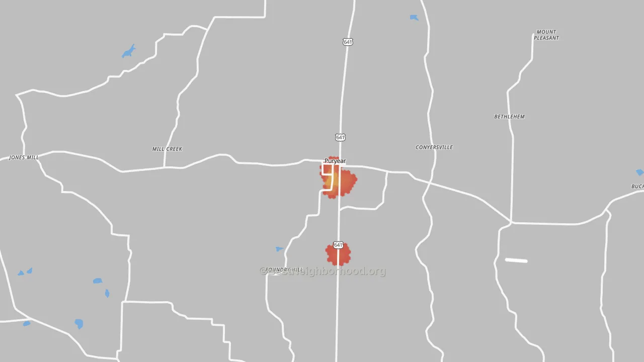 Walk Grade map of 38251, TN, walkable areas in green and car-dependent areas in red