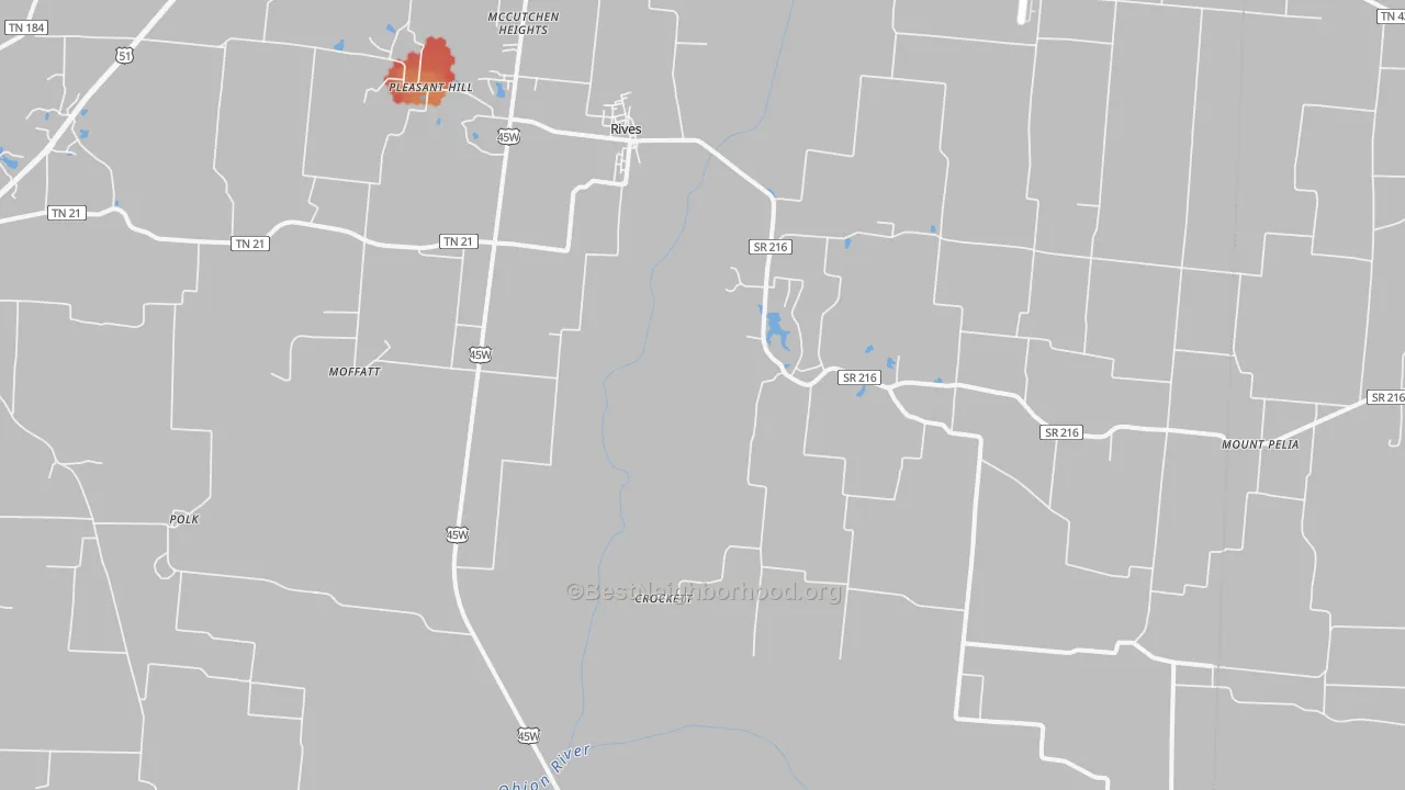 Walk Grade map of 38253, TN, walkable areas in green and car-dependent areas in red