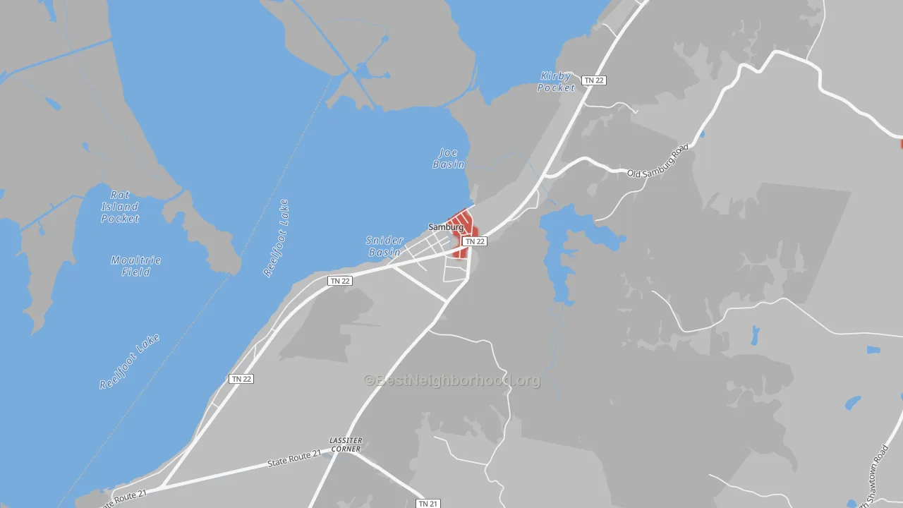 Walk Grade map of 38254, TN, walkable areas in green and car-dependent areas in red