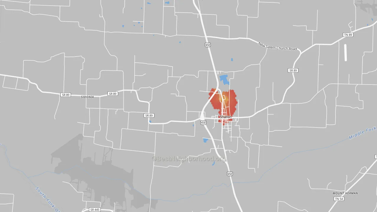 Walk Grade map of 38255, TN, walkable areas in green and car-dependent areas in red