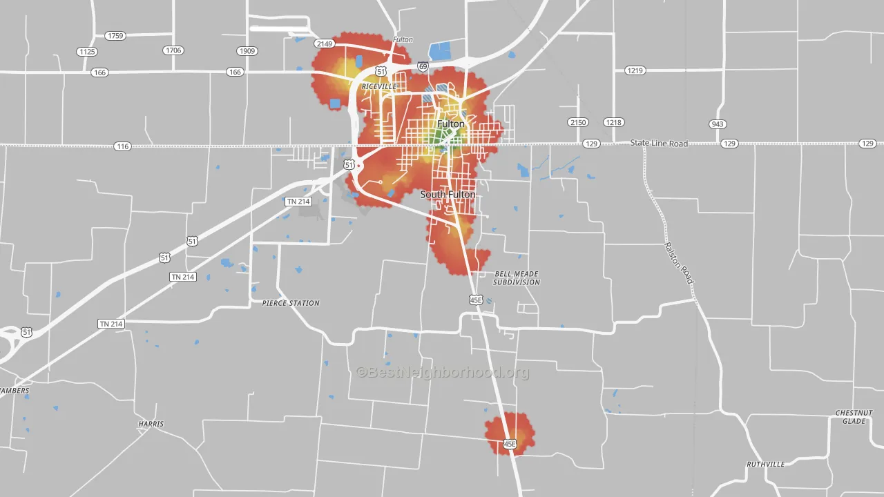 Walk Grade map of 38257, TN, walkable areas in green and car-dependent areas in red