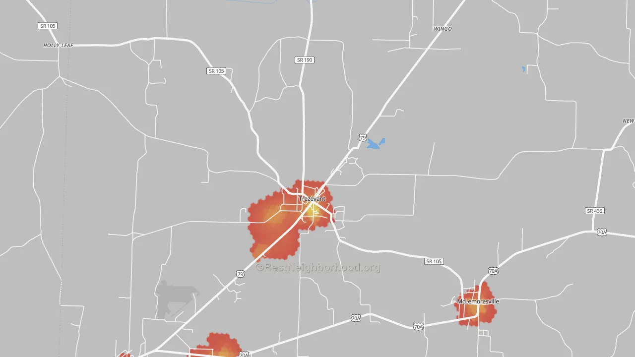 Walk Grade map of 38258, TN, walkable areas in green and car-dependent areas in red