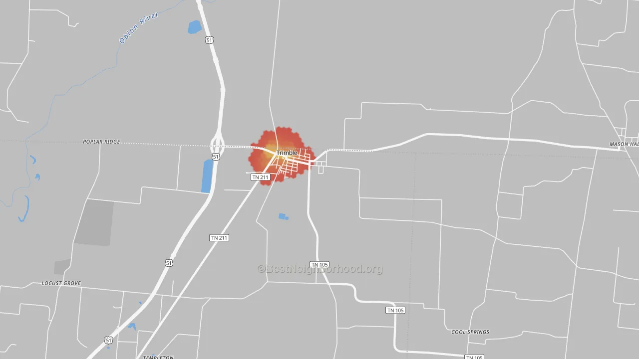 Walk Grade map of 38259, TN, walkable areas in green and car-dependent areas in red