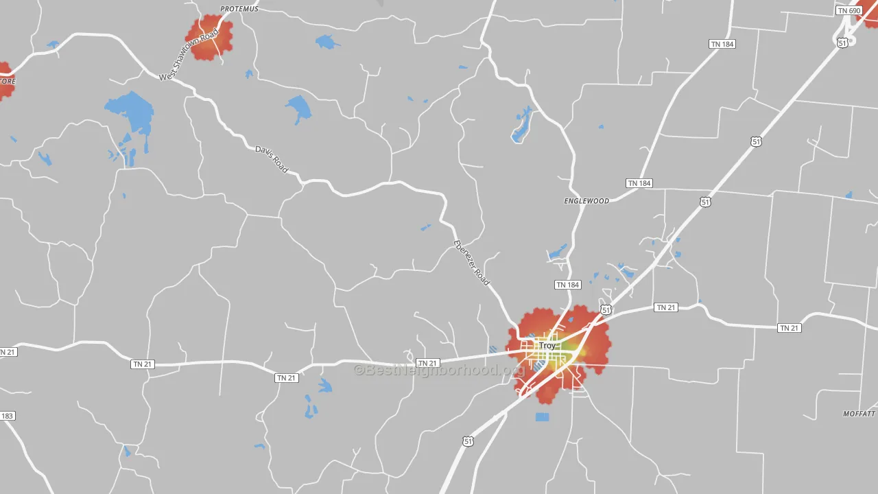 Walk Grade map of 38260, TN, walkable areas in green and car-dependent areas in red