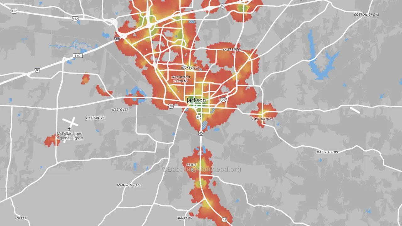 Walk Grade map of 38301, TN, walkable areas in green and car-dependent areas in red