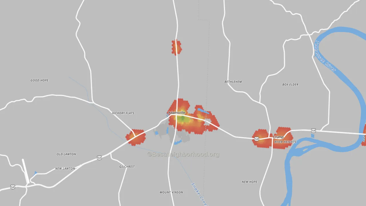 Walk Grade map of 38310, TN, walkable areas in green and car-dependent areas in red