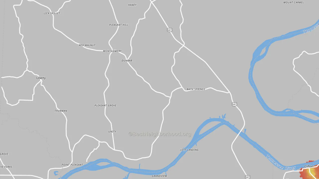 Walk Grade map of 38311, TN, walkable areas in green and car-dependent areas in red