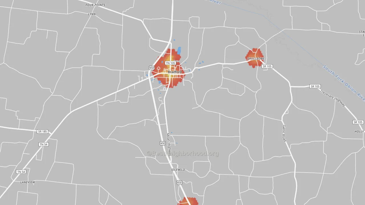 Walk Grade map of 38316, TN, walkable areas in green and car-dependent areas in red
