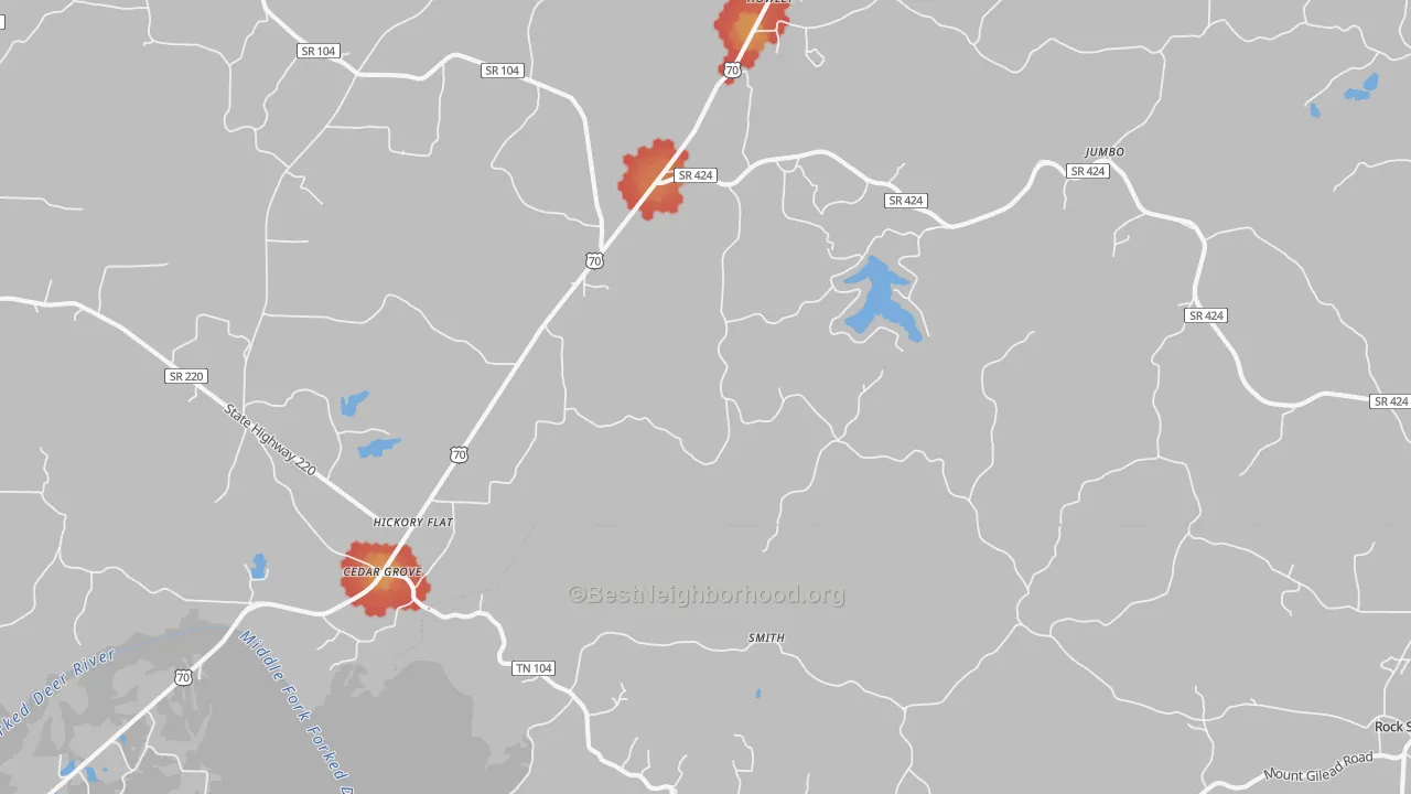 Walk Grade map of 38321, TN, walkable areas in green and car-dependent areas in red