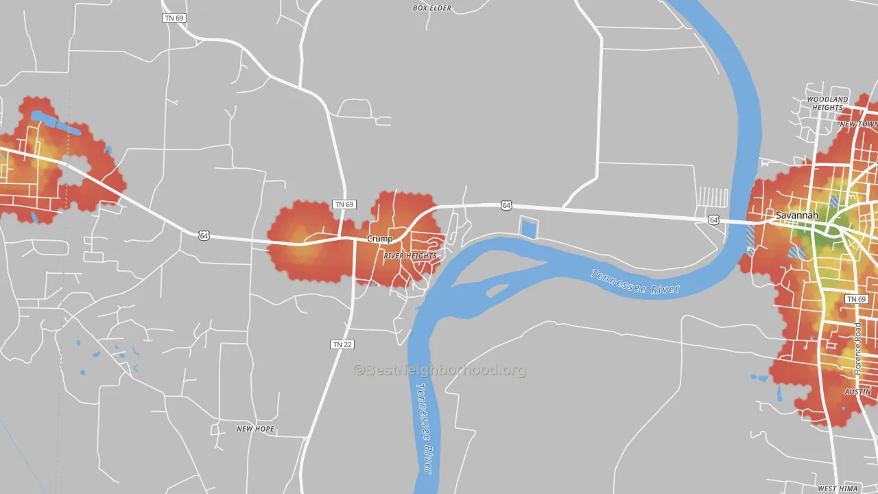 Walk Grade map of 38327, TN, walkable areas in green and car-dependent areas in red