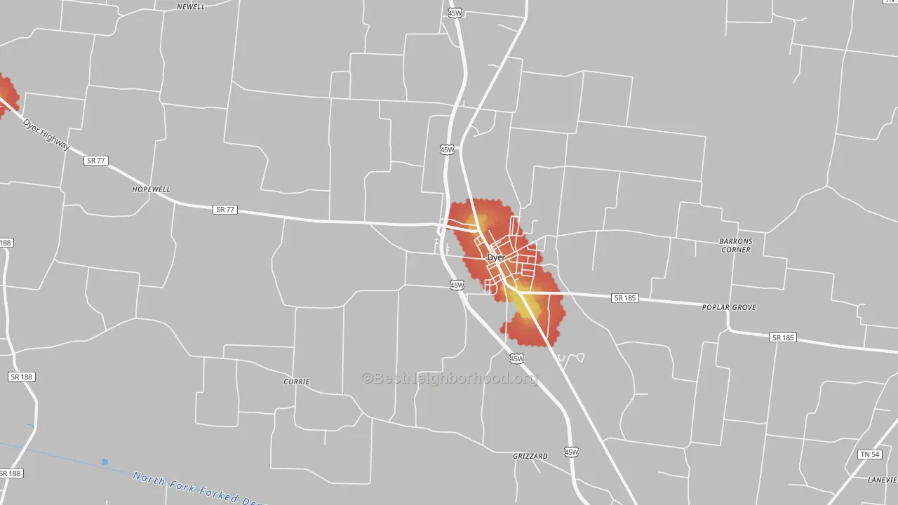 Walk Grade map of 38330, TN, walkable areas in green and car-dependent areas in red