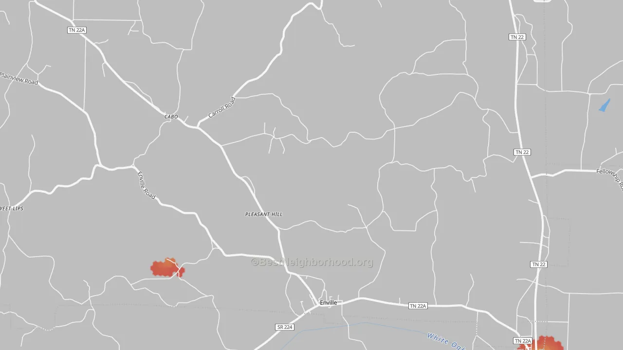 Walk Grade map of 38332, TN, walkable areas in green and car-dependent areas in red
