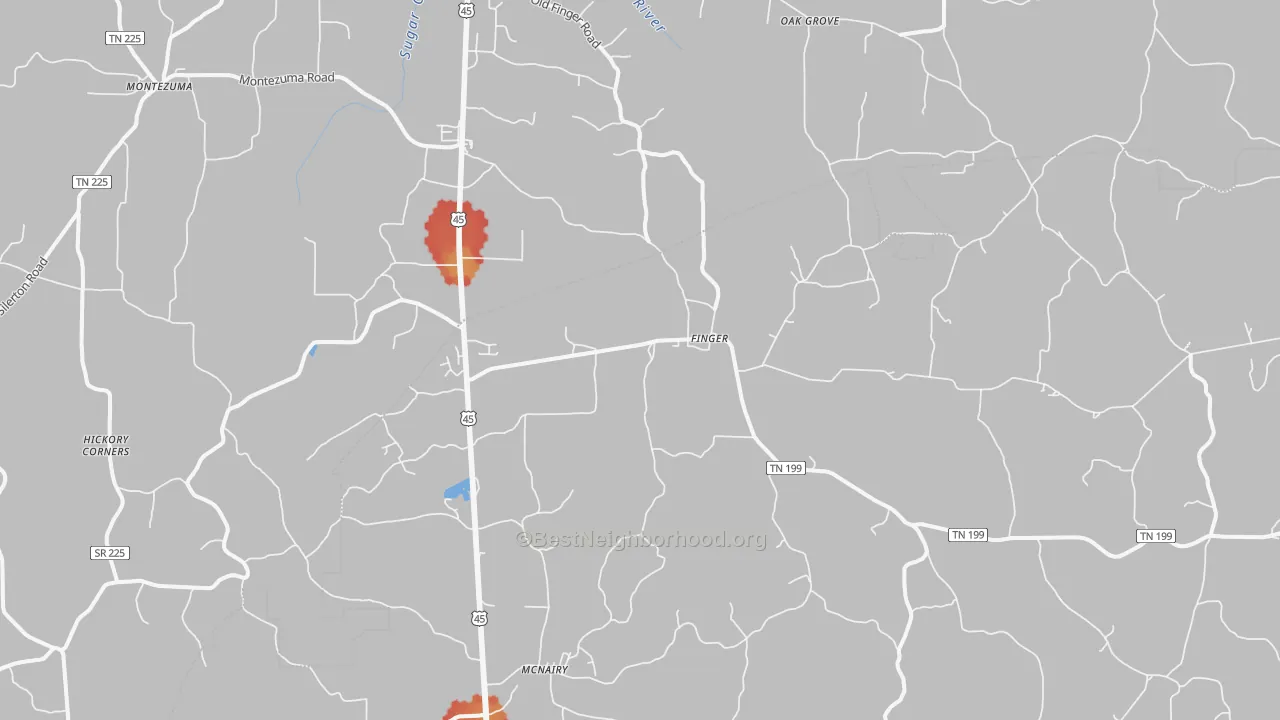 Walk Grade map of 38334, TN, walkable areas in green and car-dependent areas in red