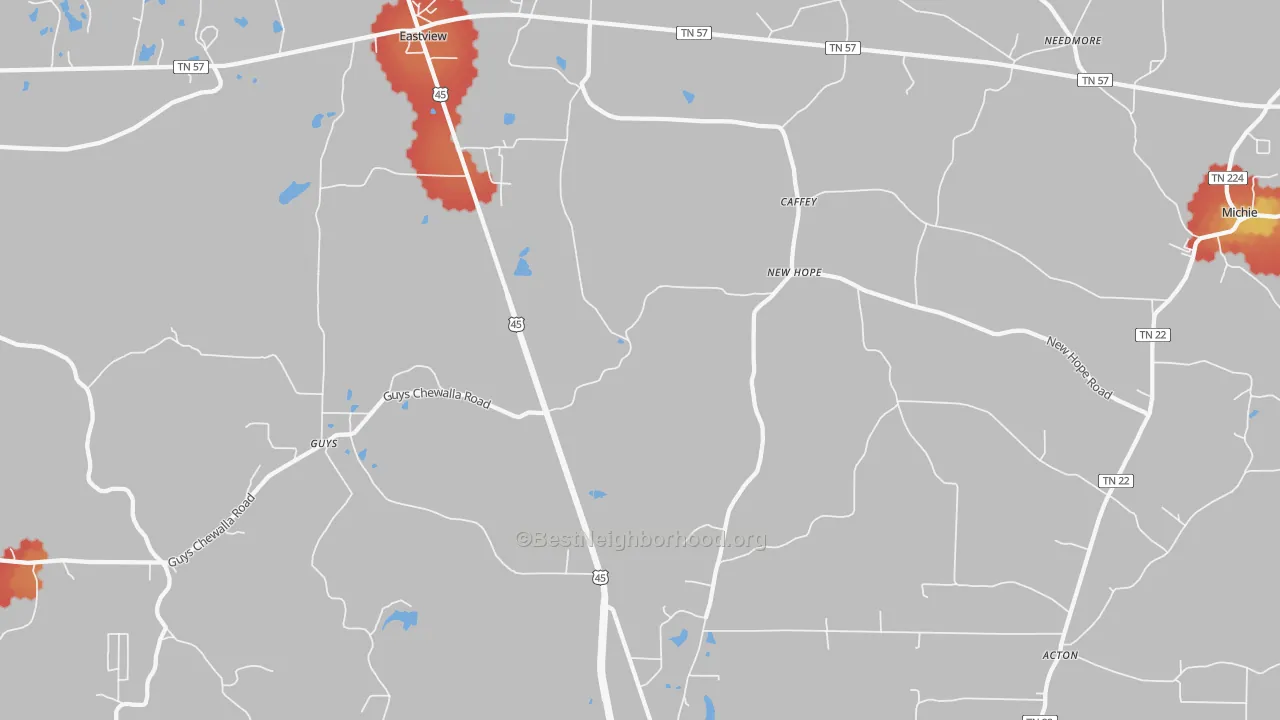 Walk Grade map of 38339, TN, walkable areas in green and car-dependent areas in red