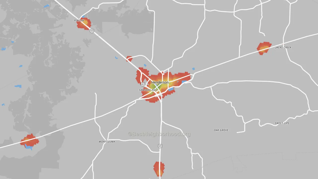 Walk Grade map of 38340, TN, walkable areas in green and car-dependent areas in red