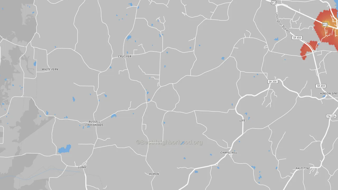 Walk Grade map of 38345, TN, walkable areas in green and car-dependent areas in red