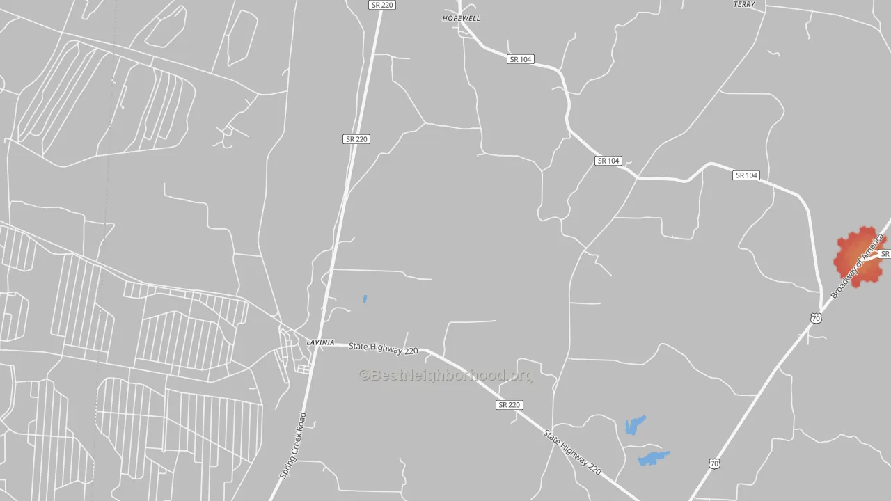 Walk Grade map of 38348, TN, walkable areas in green and car-dependent areas in red