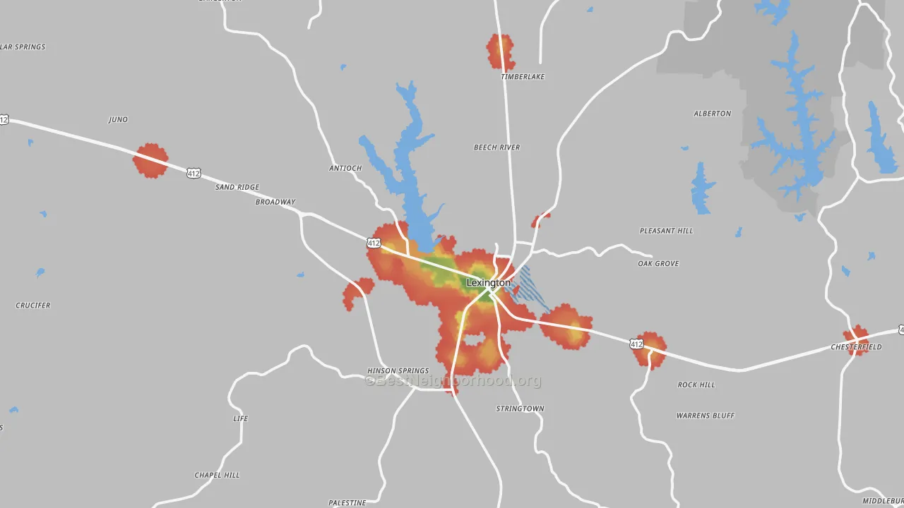 Walk Grade map of 38351, TN, walkable areas in green and car-dependent areas in red
