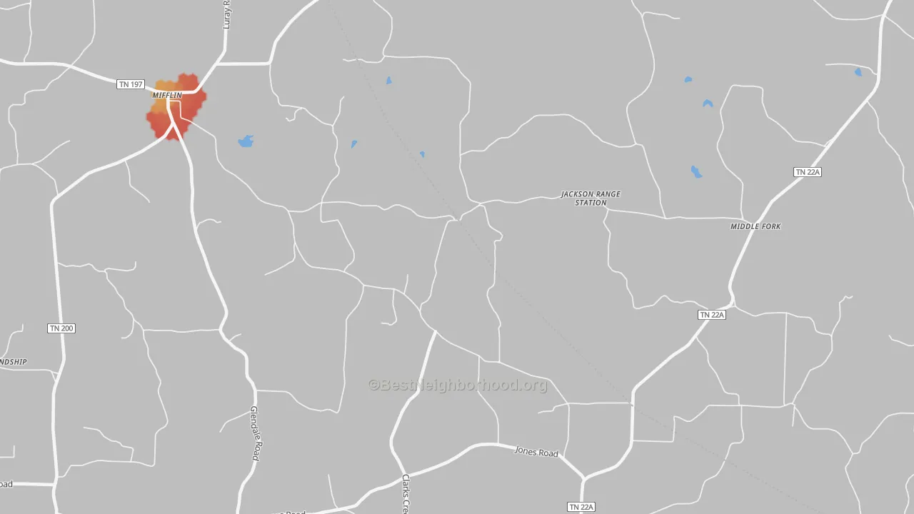 Walk Grade map of 38352, TN, walkable areas in green and car-dependent areas in red