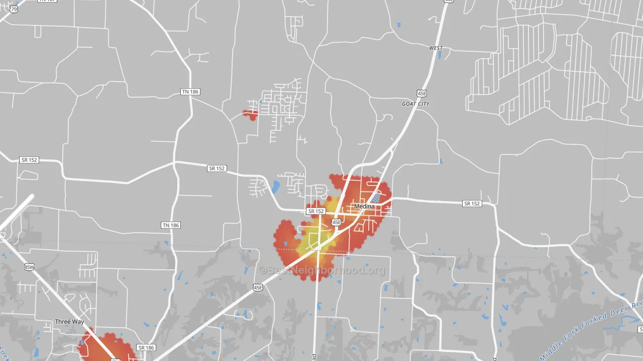Walk Grade map of 38355, TN, walkable areas in green and car-dependent areas in red
