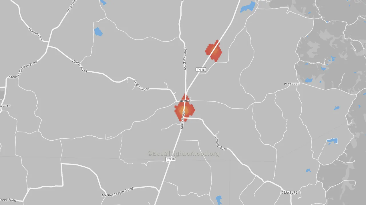 Walk Grade map of 38356, TN, walkable areas in green and car-dependent areas in red