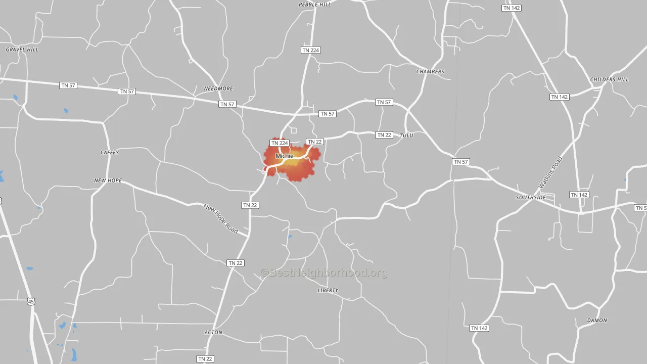 Walk Grade map of 38357, TN, walkable areas in green and car-dependent areas in red