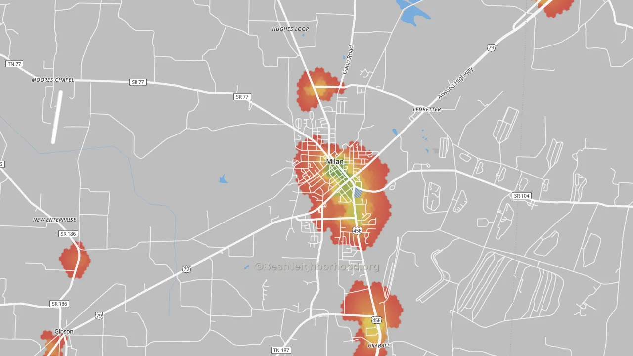 Walk Grade map of 38358, TN, walkable areas in green and car-dependent areas in red