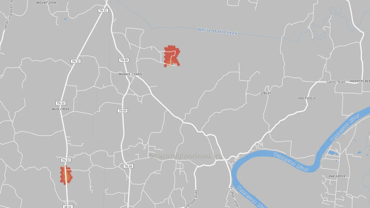 Walk Grade map of 38361, TN, walkable areas in green and car-dependent areas in red