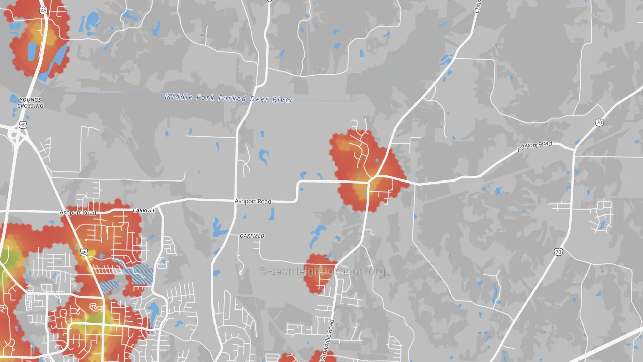 Walk Grade map of 38362, TN, walkable areas in green and car-dependent areas in red