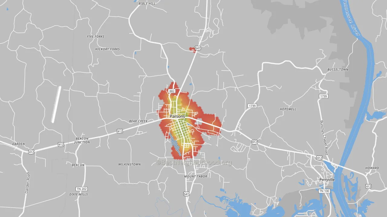 Walk Grade map of 38363, TN, walkable areas in green and car-dependent areas in red